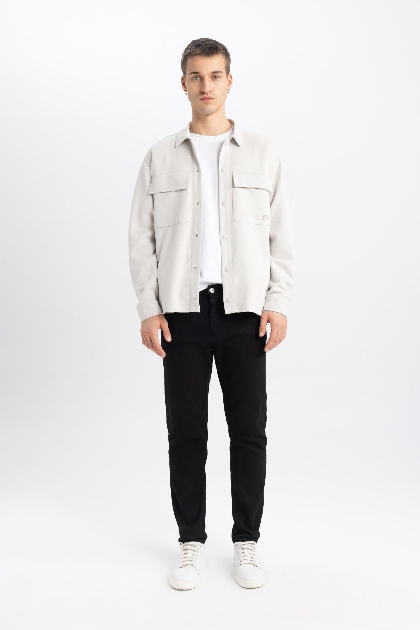 رجالي اللون الحجري قميص كم طويل محبوك قصة مريحة