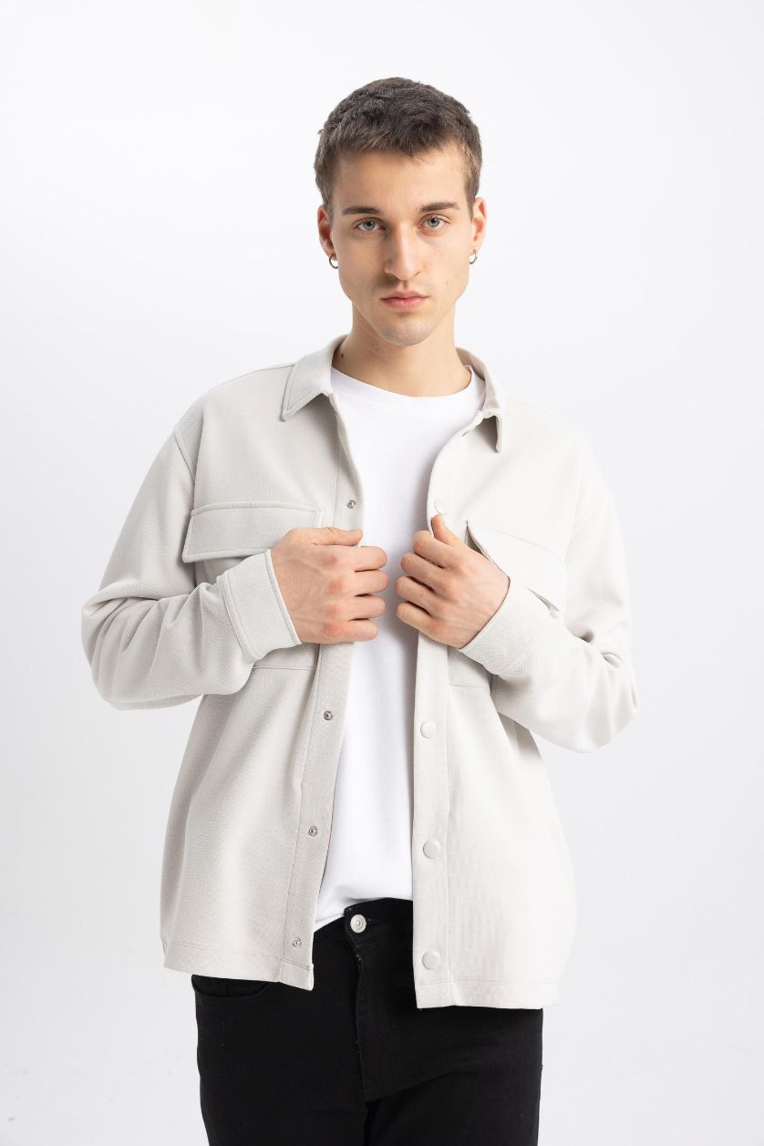 رجالي اللون الحجري قميص كم طويل محبوك قصة مريحة