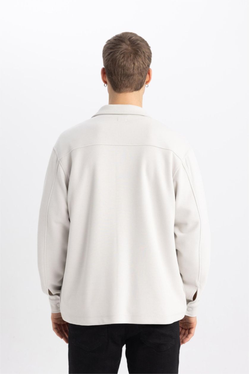 رجالي اللون الحجري قميص كم طويل محبوك قصة مريحة