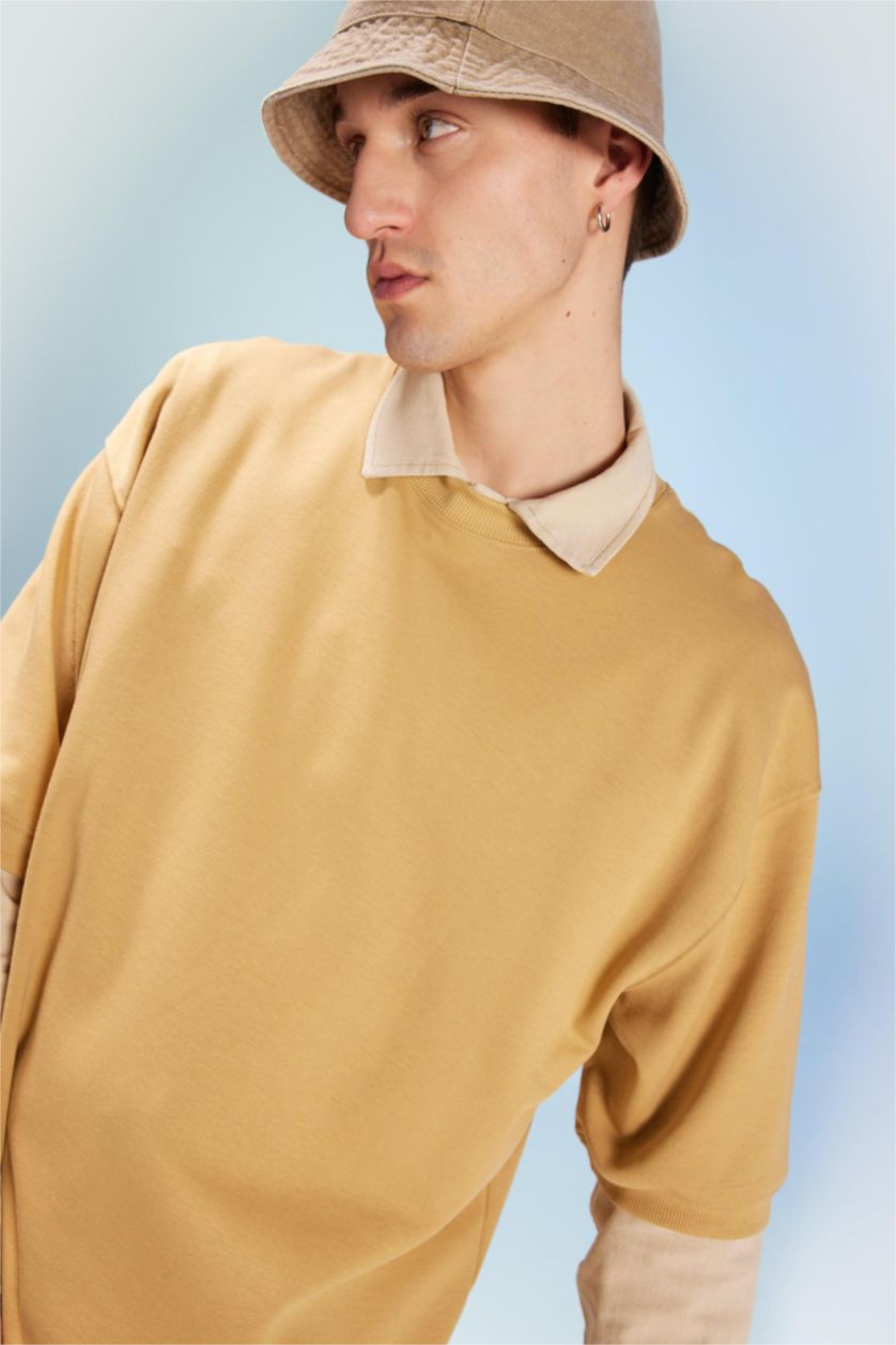 Erkek Sarı Loose Fit Bisiklet Yaka Kısa Kollu Ağır Kumaş Basic Düz Tişört