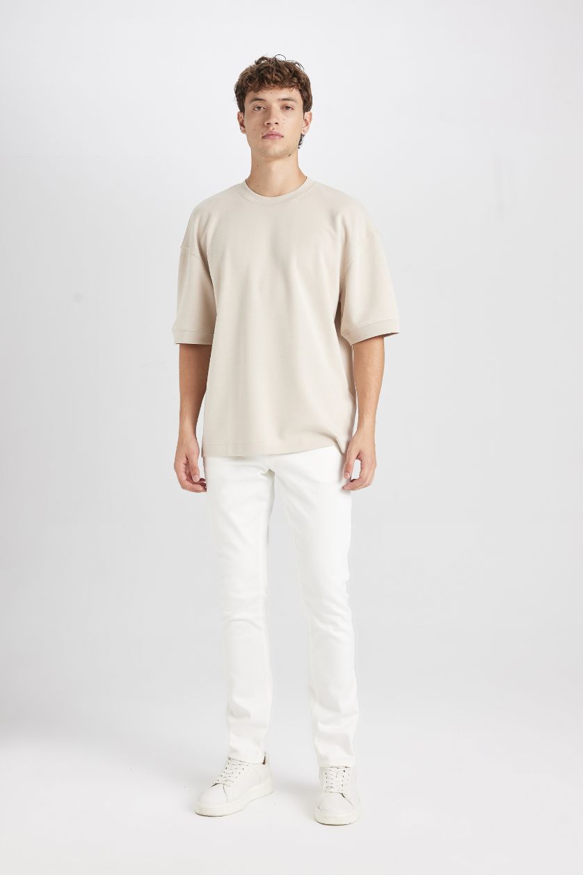 Erkek Kum Loose Fit Bisiklet Yaka Kısa Kollu Ağır Kumaş Basic Düz Tişört