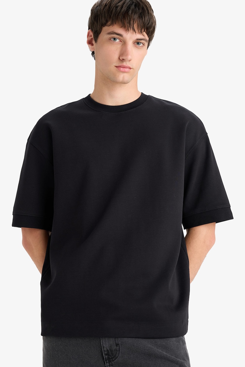 Erkek Siyah Loose Fit Kısa Kollu Basic Tişört