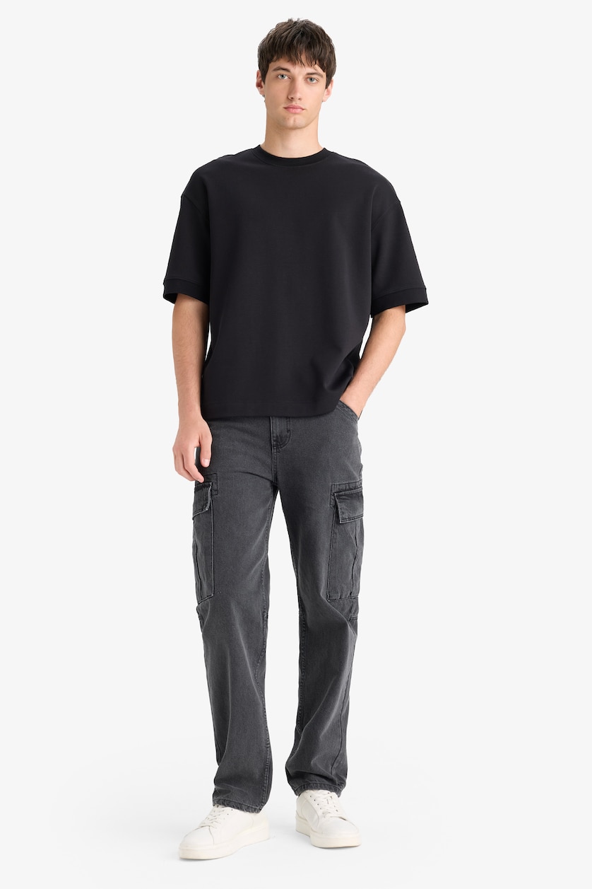 Erkek Siyah Loose Fit Kısa Kollu Basic Tişört
