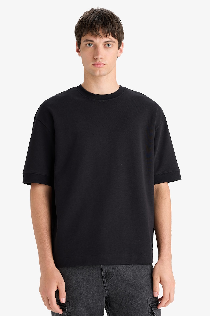 Erkek Siyah Loose Fit Kısa Kollu Basic Tişört