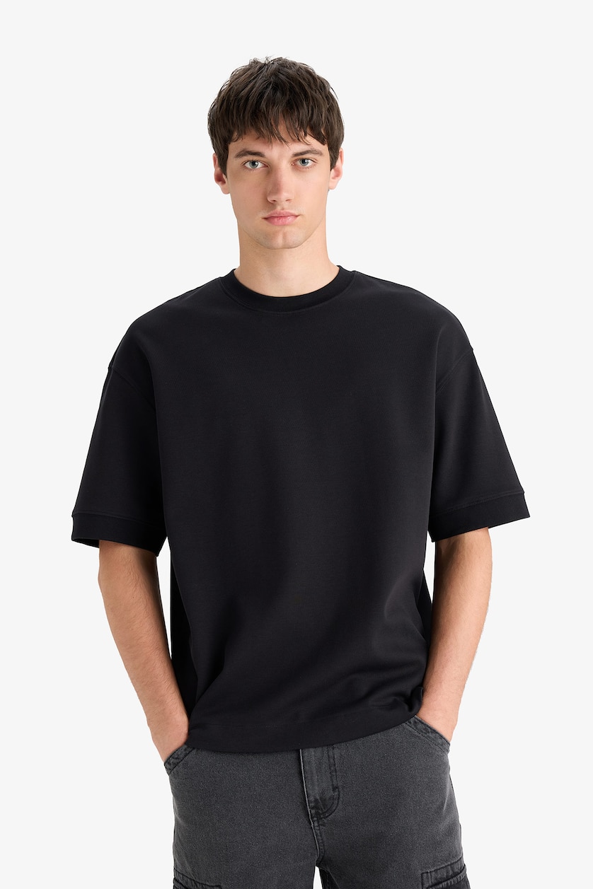 Erkek Siyah Loose Fit Kısa Kollu Basic Tişört