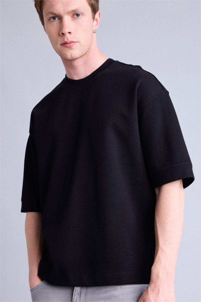 Erkek Siyah Loose Fit Kısa Kollu Basic Tişört