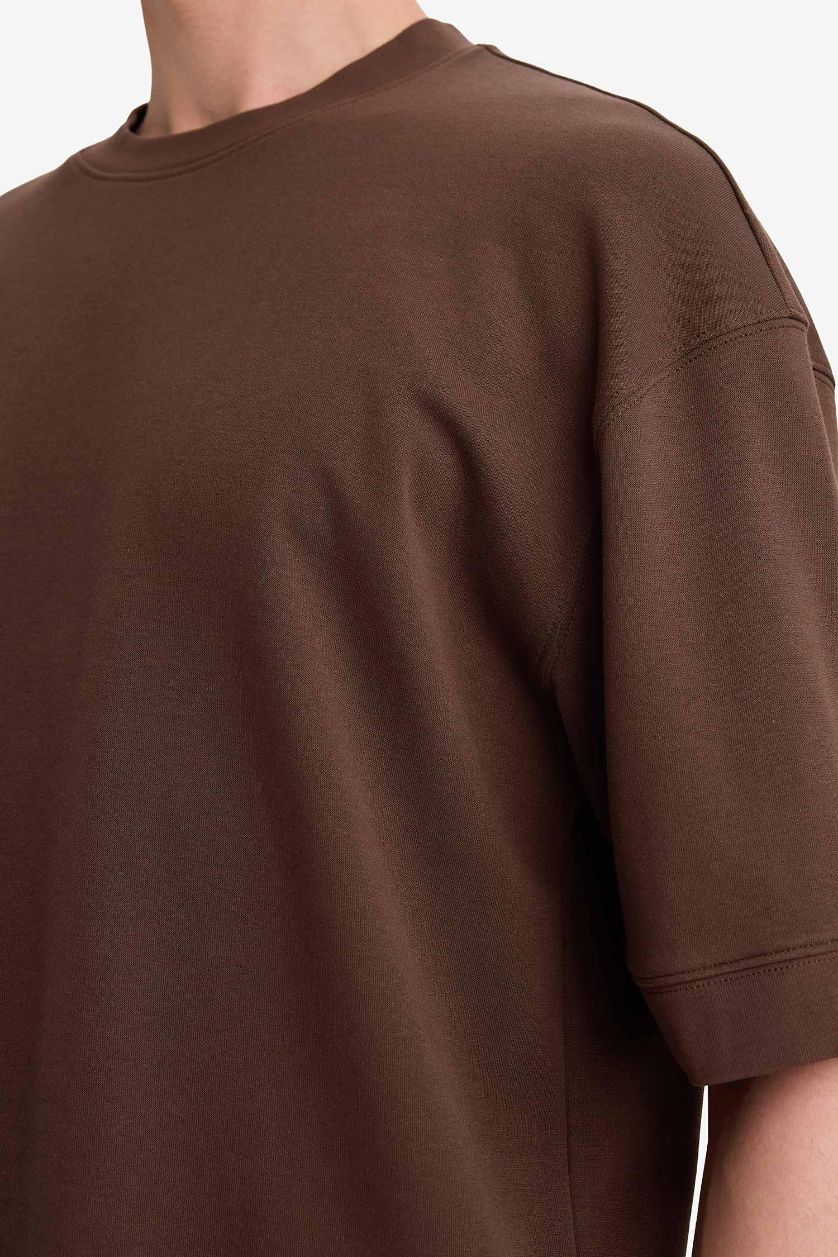 رجالي بني فاتح تيشيرت نص كم قصة فضفاضة قماش يسمح بمرور الهواء