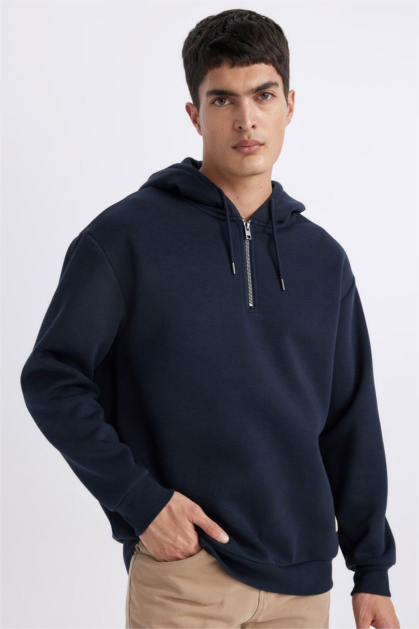 Erkek Lacivert Oversize Geniş Kalıp Kapüşonlu Yarım Fermuarlı Sweatshirt
