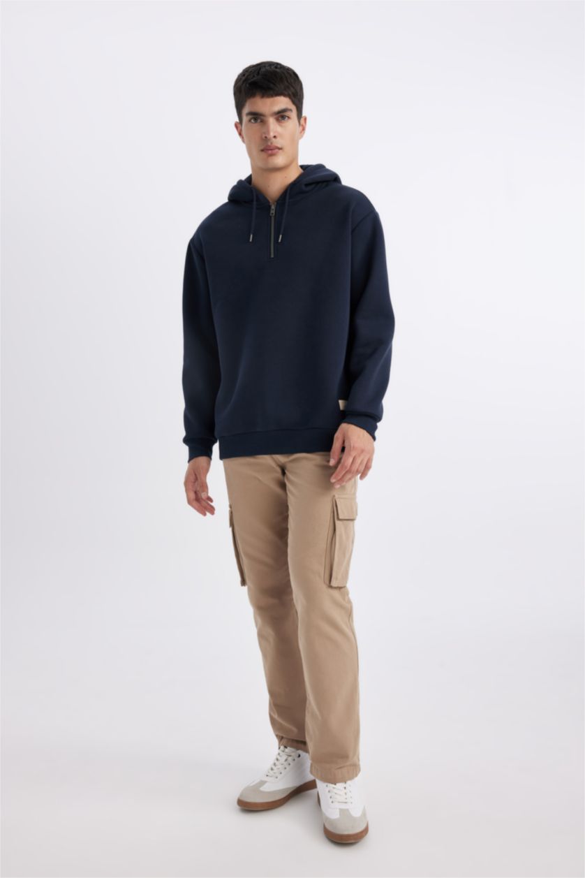 Erkek Lacivert Oversize Geniş Kalıp Kapüşonlu Yarım Fermuarlı Sweatshirt