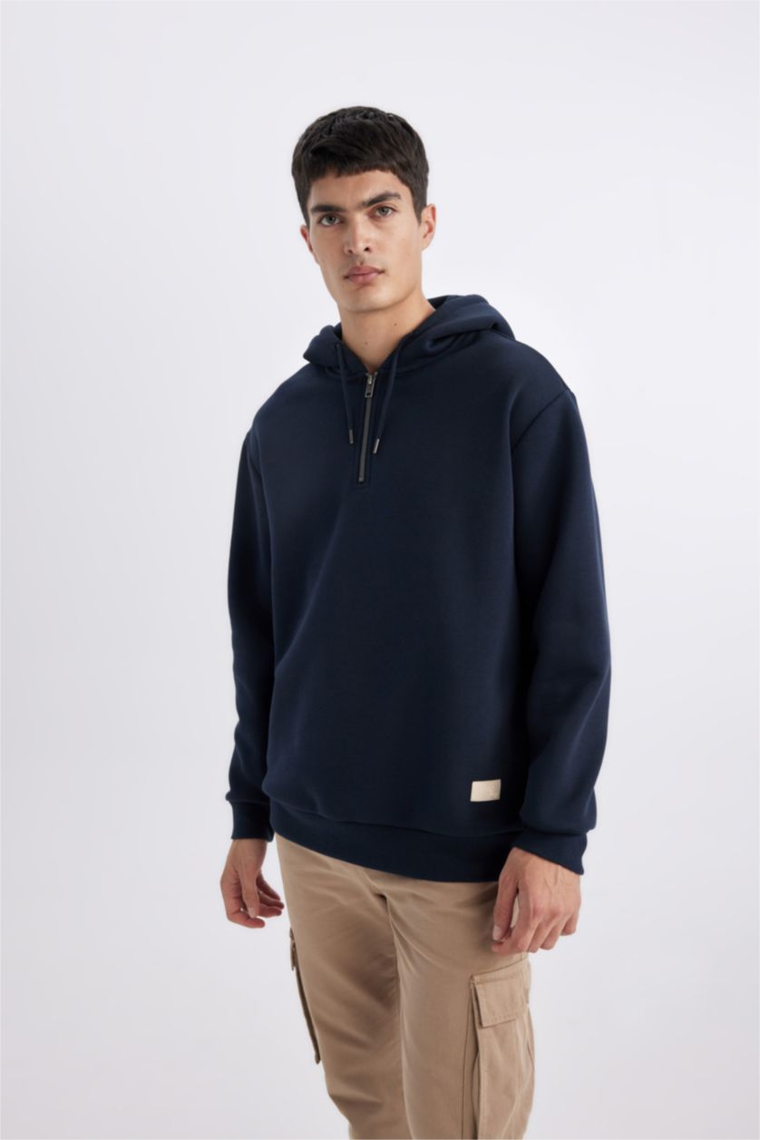 Erkek Lacivert Oversize Geniş Kalıp Kapüşonlu Yarım Fermuarlı Sweatshirt