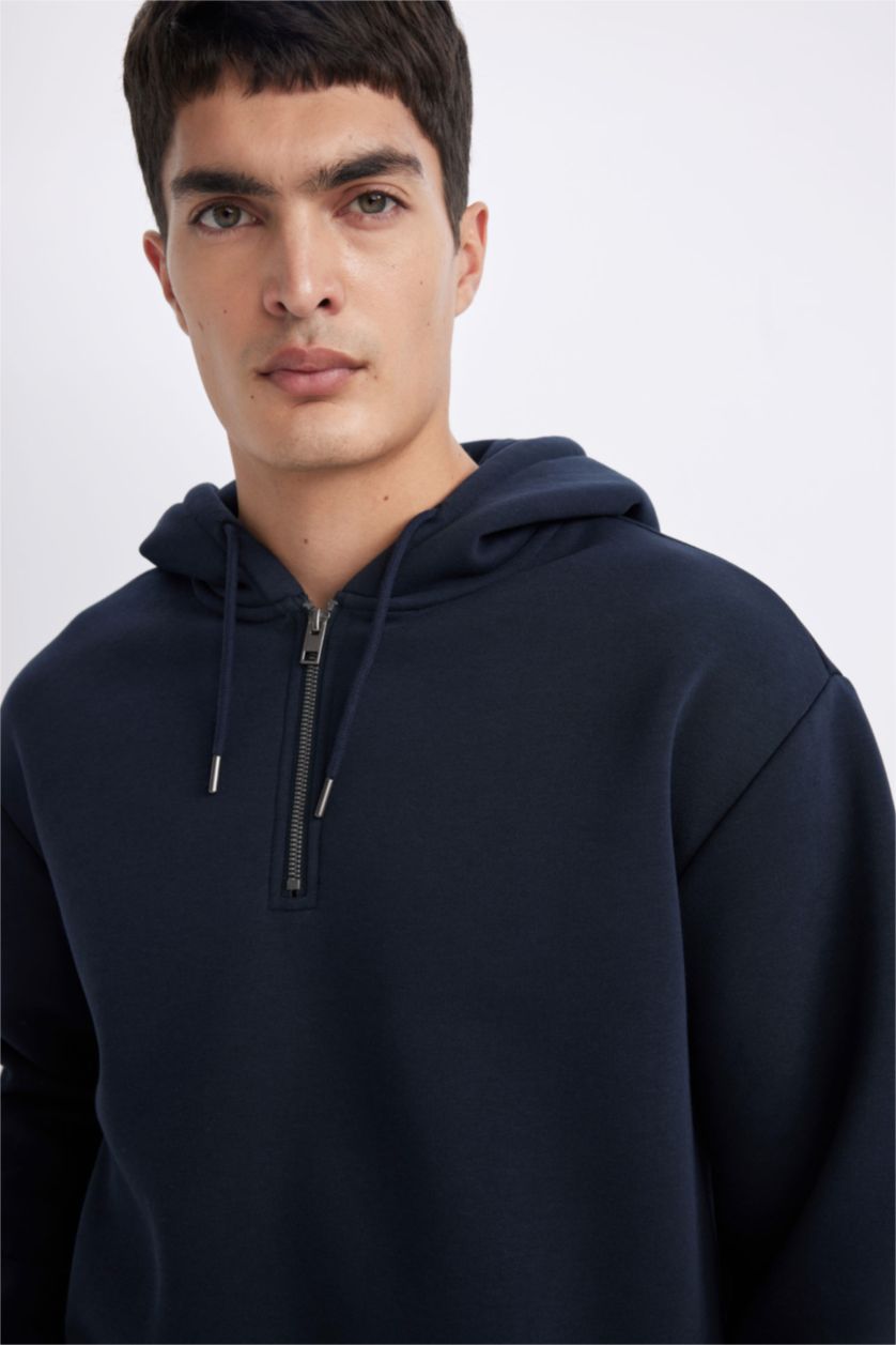 Erkek Lacivert Oversize Geniş Kalıp Kapüşonlu Yarım Fermuarlı Sweatshirt