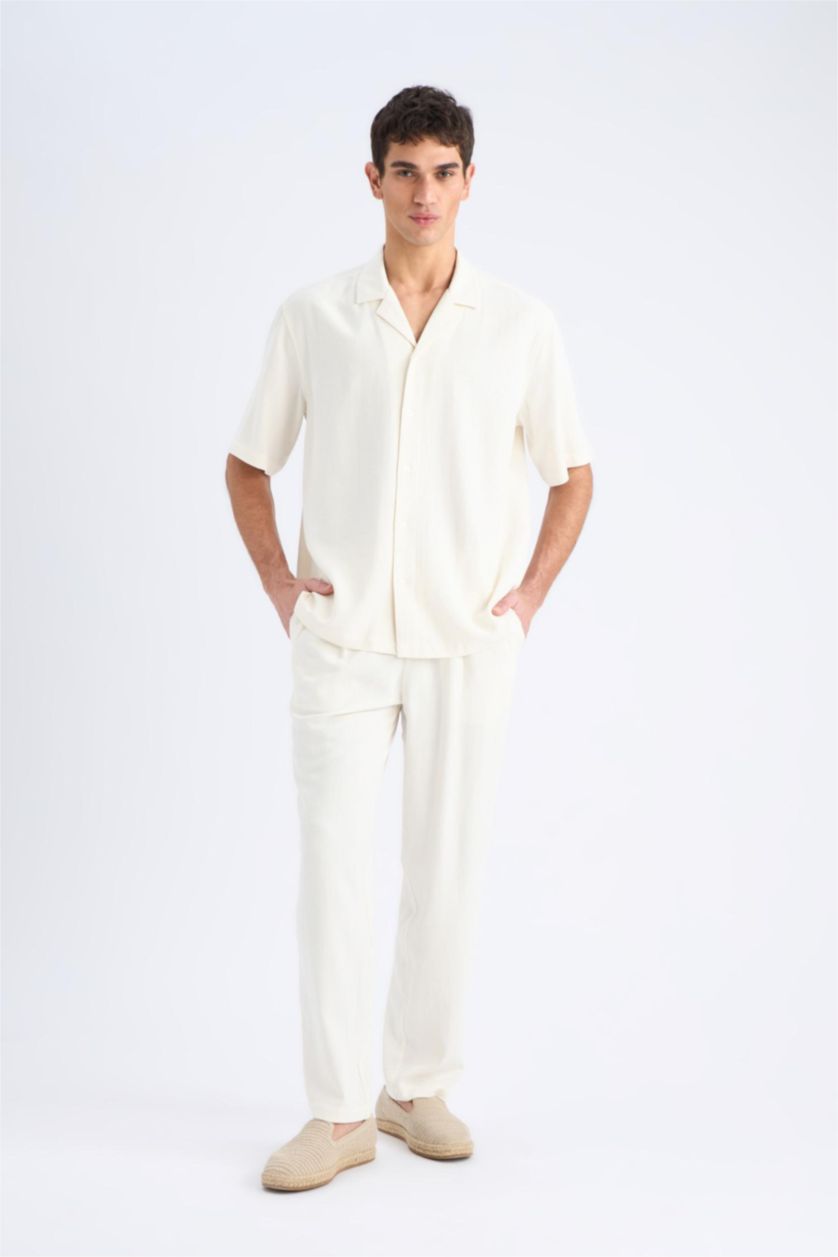 Erkek Kum Yazlık Viskon Jogger Pantolon Regular Fit Normal Kesim Keten Karışımlı Düz Paça Cepli