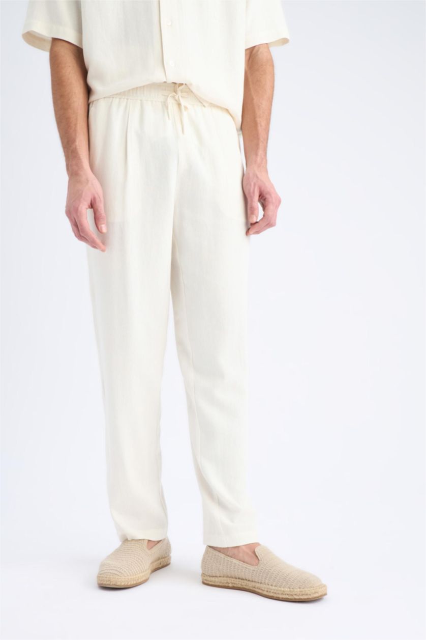 Erkek Kum Yazlık Viskon Jogger Pantolon Regular Fit Normal Kesim Keten Karışımlı Düz Paça Cepli