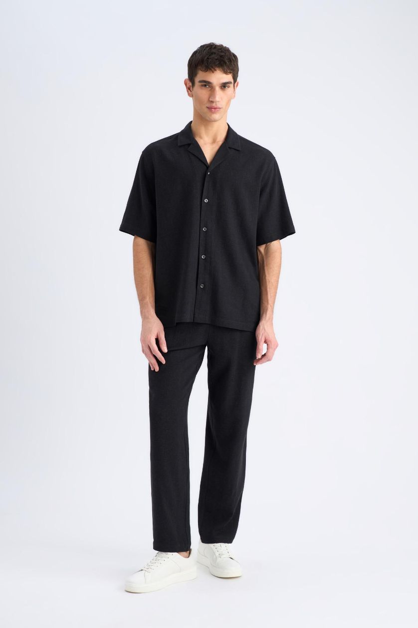 Erkek Siyah Yazlık Viskon Jogger Pantolon Regular Fit Normal Kesim Keten Karışımlı Düz Paça Cepli