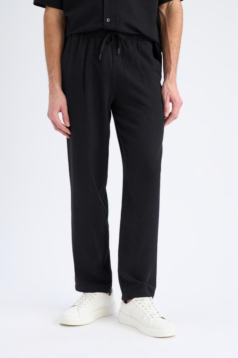 Erkek Siyah Yazlık Viskon Jogger Pantolon Regular Fit Normal Kesim Keten Karışımlı Düz Paça Cepli