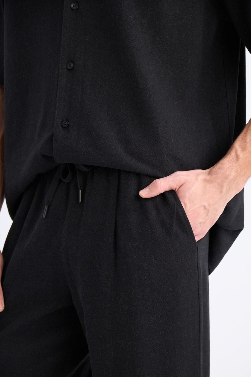 Erkek Siyah Yazlık Viskon Jogger Pantolon Regular Fit Normal Kesim Keten Karışımlı Düz Paça Cepli