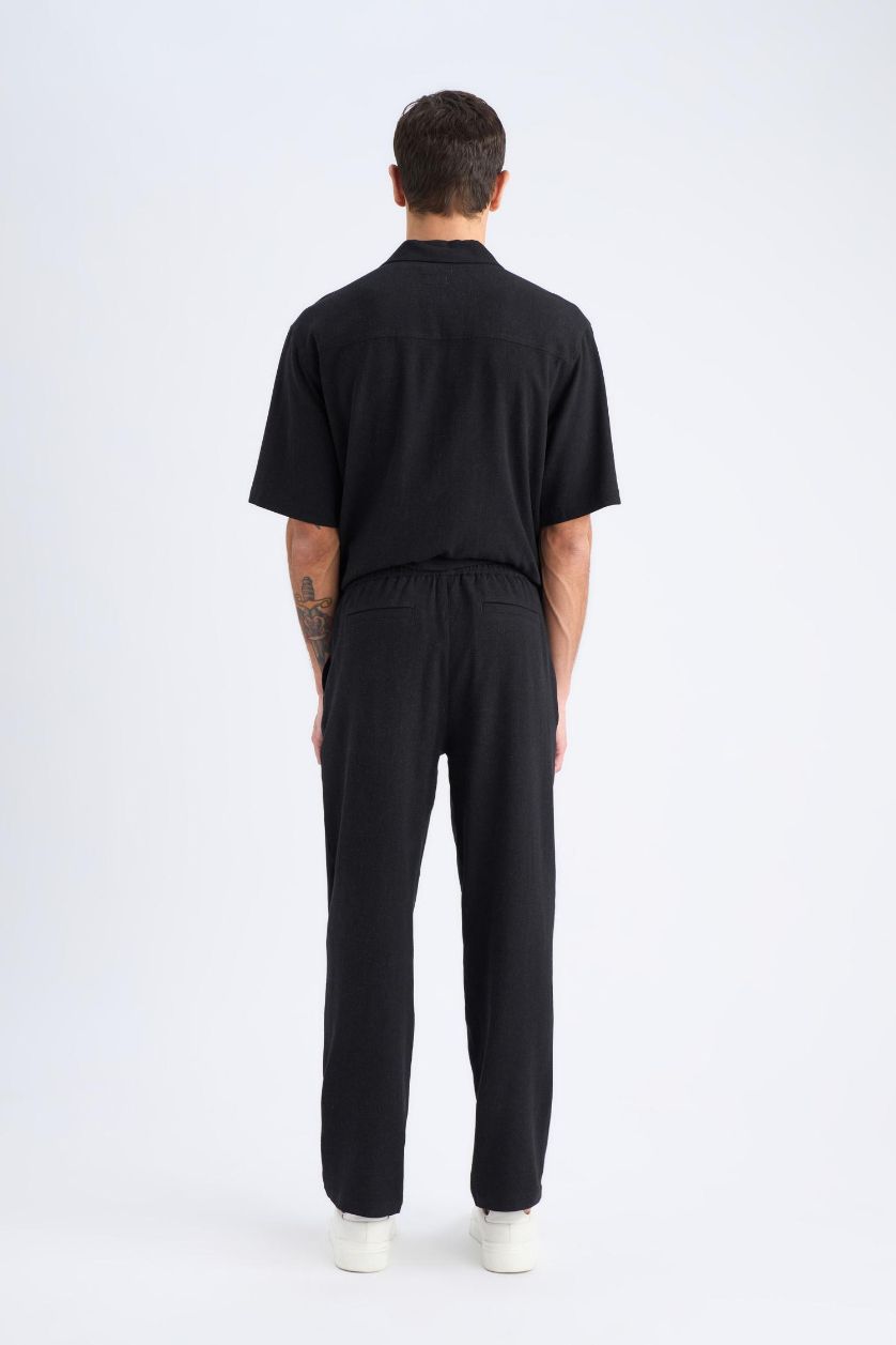 Erkek Siyah Yazlık Viskon Jogger Pantolon Regular Fit Normal Kesim Keten Karışımlı Düz Paça Cepli