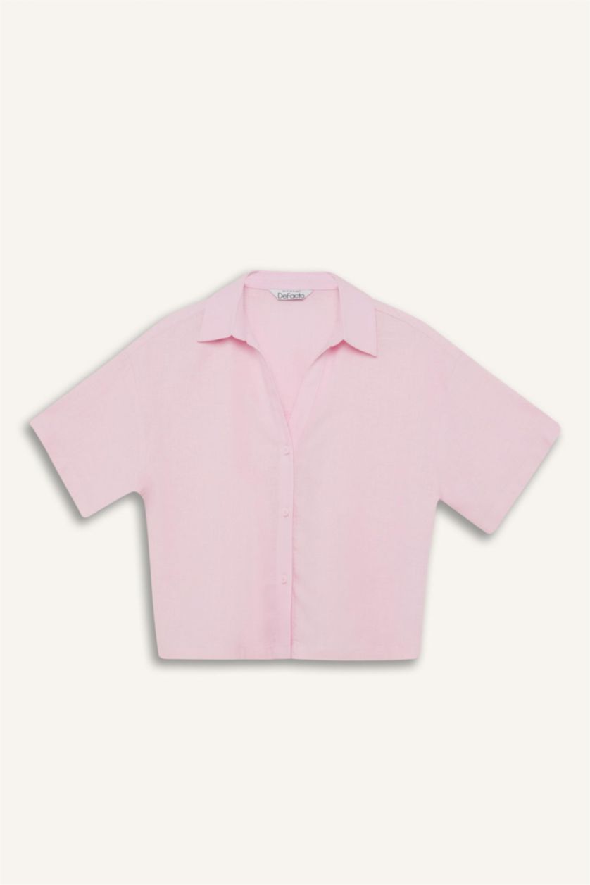 نساء زهري فاتح قميص نص كم اوفر سايز من كتان