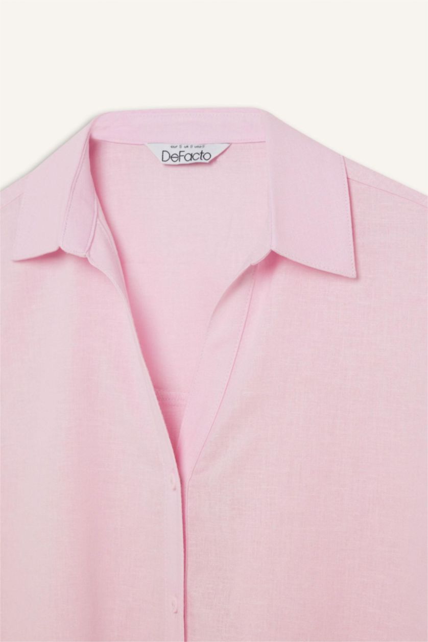 نساء زهري فاتح قميص نص كم اوفر سايز من كتان