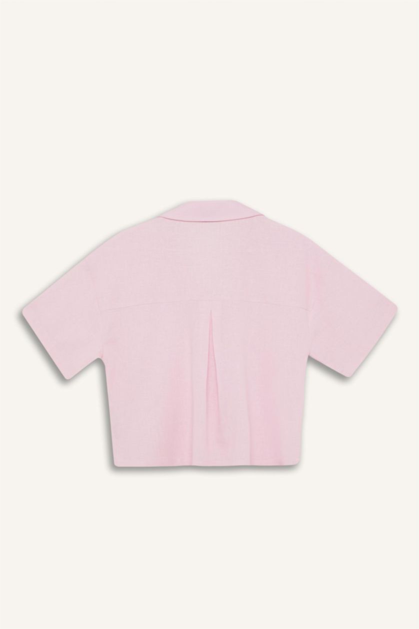 نساء زهري فاتح قميص نص كم اوفر سايز من كتان