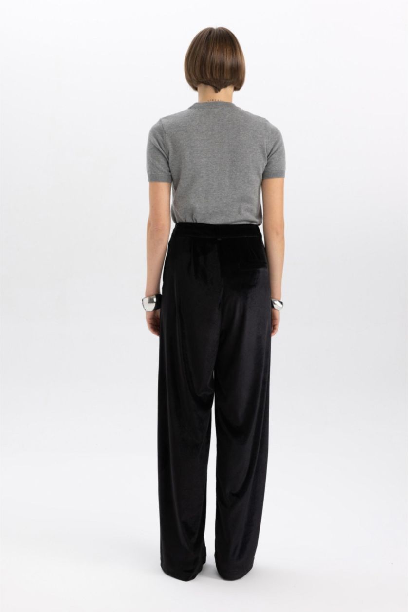 Woman Black Wide Leg High Waist Long Length Velvet Trousers