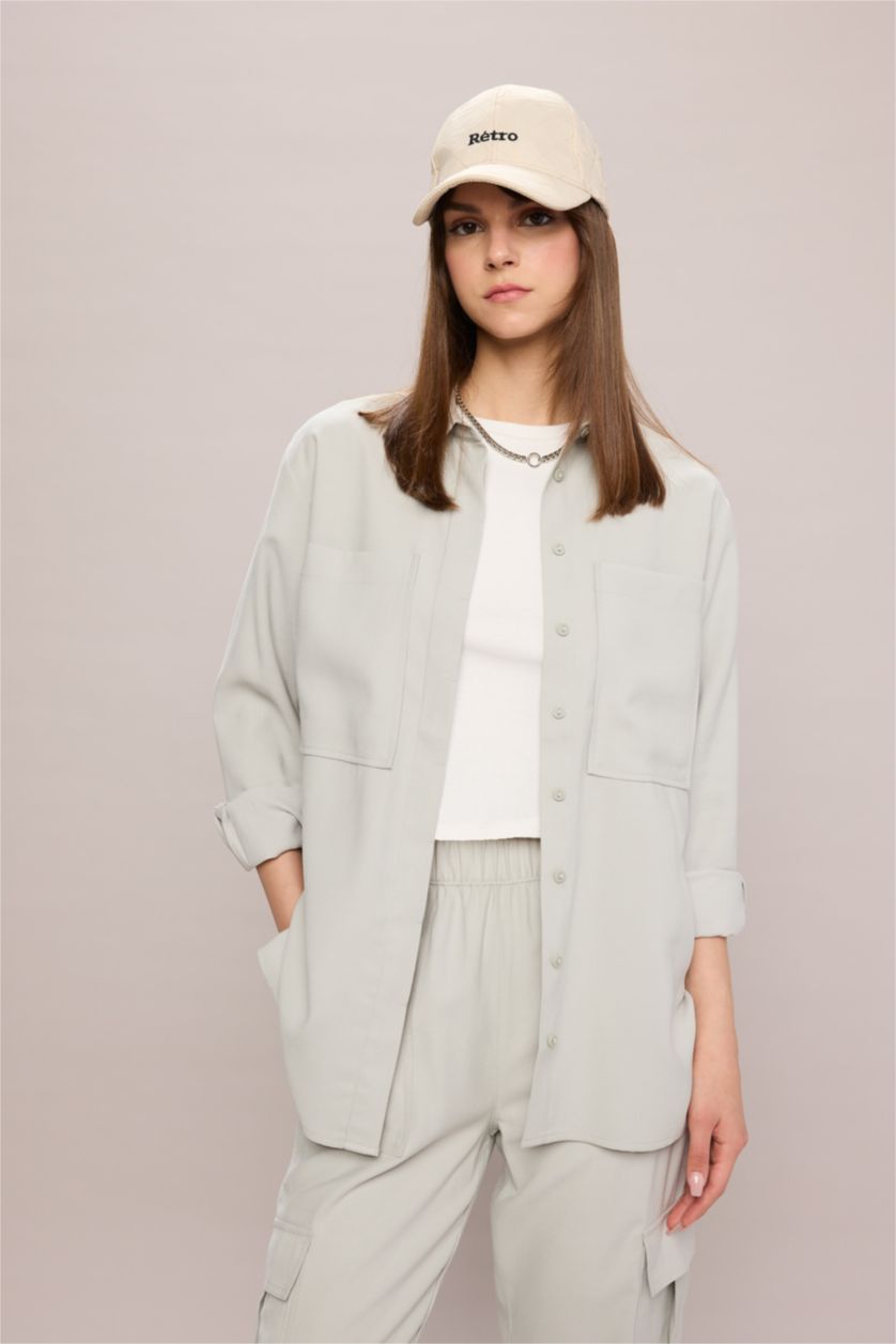 WOMAN Light Grey Regular Fit Shirt Collar Long Sleeve Tunic