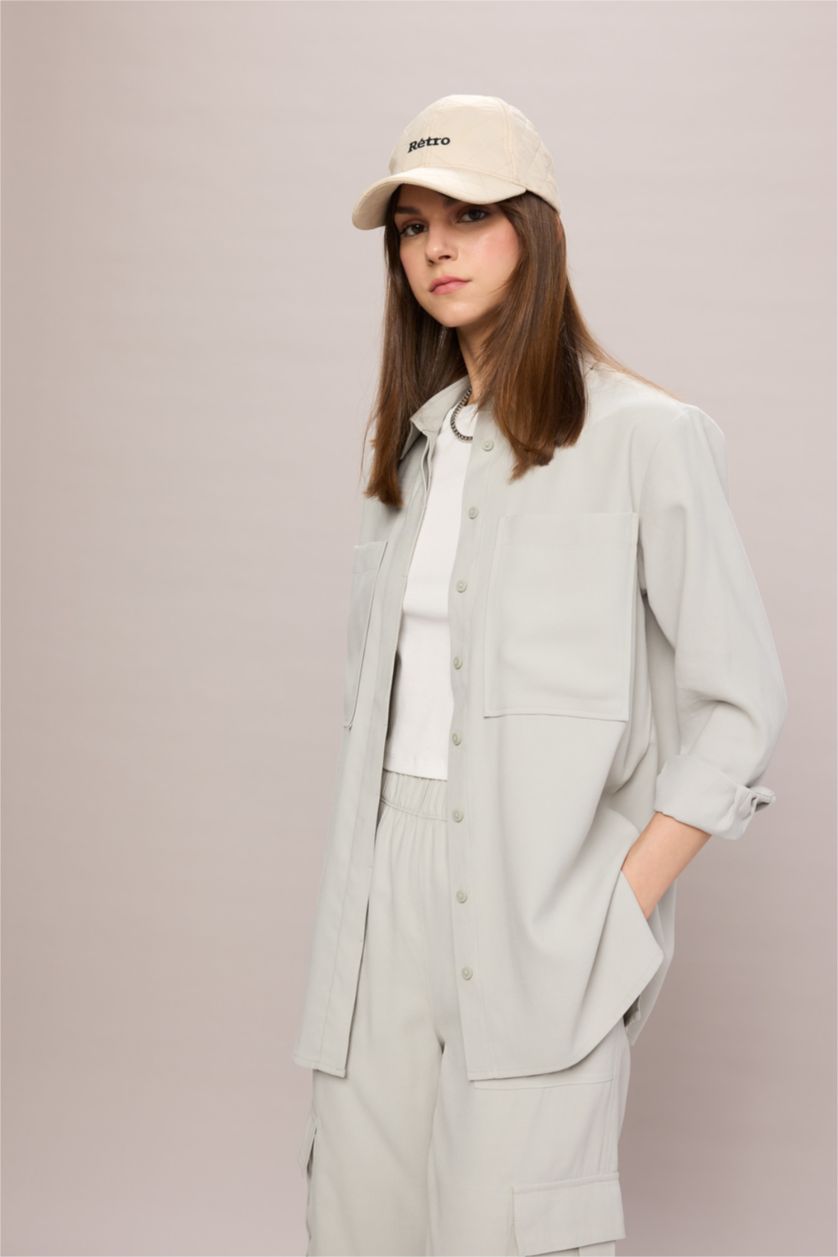 WOMAN Light Grey Regular Fit Shirt Collar Long Sleeve Tunic