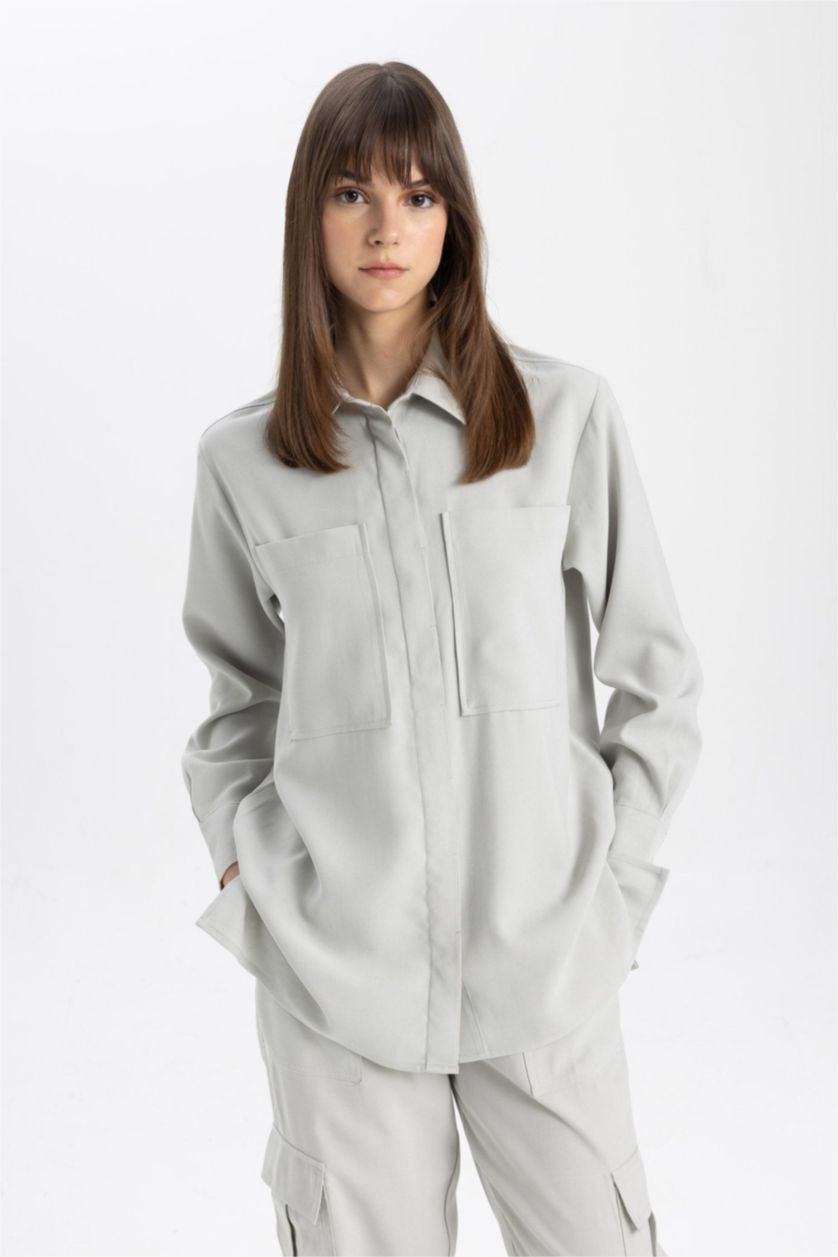 WOMAN Light Grey Regular Fit Shirt Collar Long Sleeve Tunic