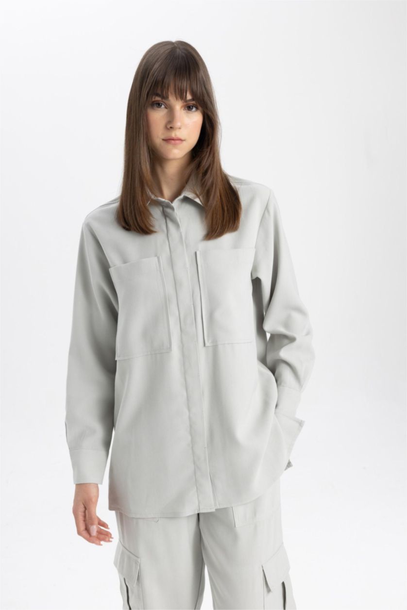 WOMAN Light Grey Regular Fit Shirt Collar Long Sleeve Tunic