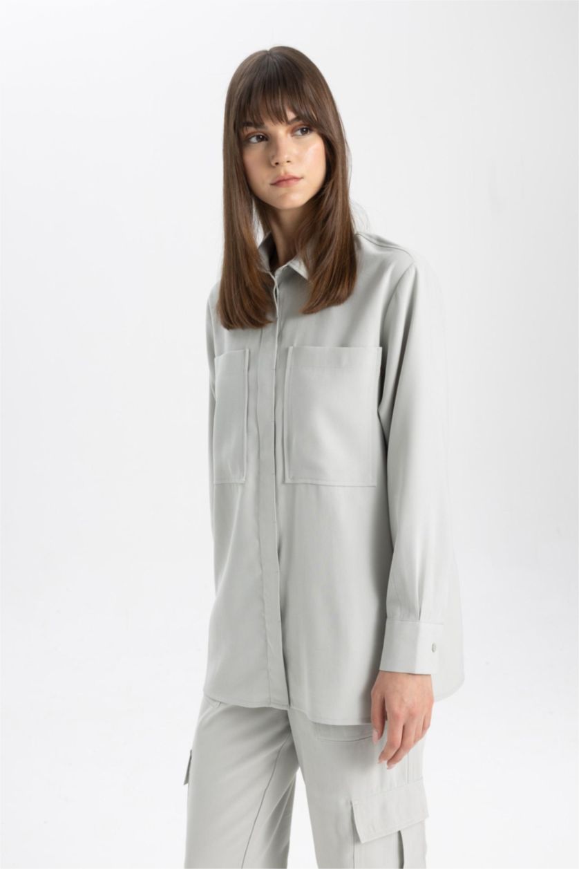 WOMAN Light Grey Regular Fit Shirt Collar Long Sleeve Tunic