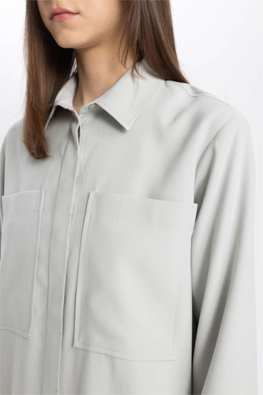 WOMAN Light Grey Regular Fit Shirt Collar Long Sleeve Tunic