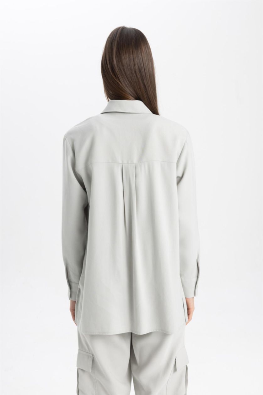 WOMAN Light Grey Regular Fit Shirt Collar Long Sleeve Tunic