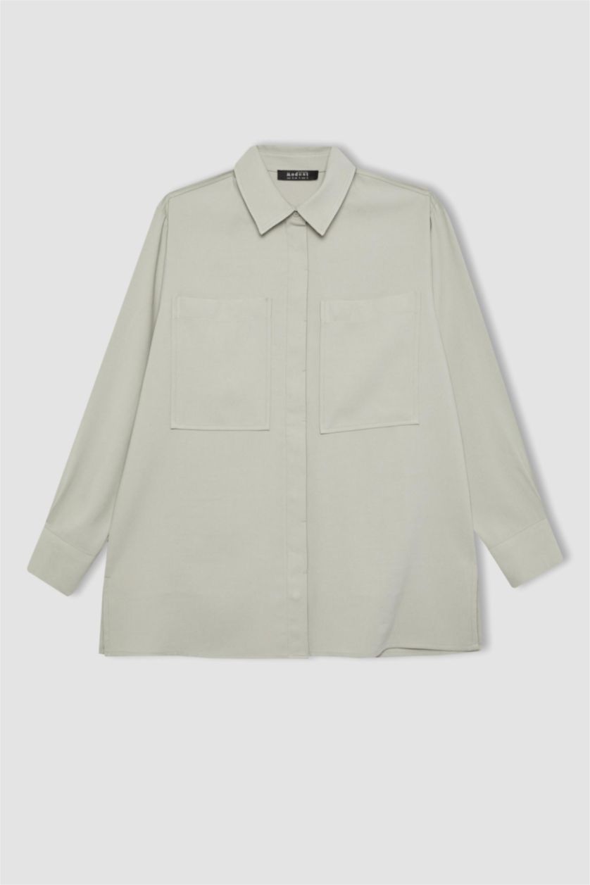 WOMAN Light Grey Regular Fit Shirt Collar Long Sleeve Tunic