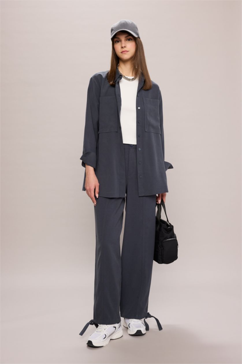 نساء رمادي داكن قميص طويل بوبلين كم طويل وقصة عادية