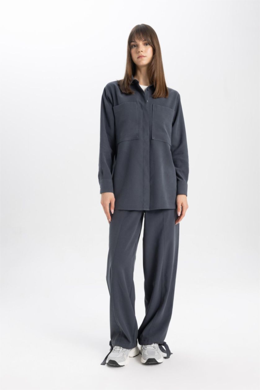 نساء رمادي داكن قميص طويل بوبلين كم طويل وقصة عادية