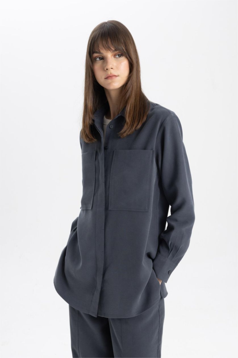 نساء رمادي داكن قميص طويل بوبلين كم طويل وقصة عادية