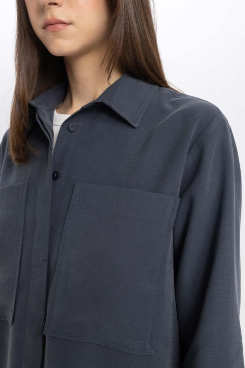 نساء رمادي داكن قميص طويل بوبلين كم طويل وقصة عادية