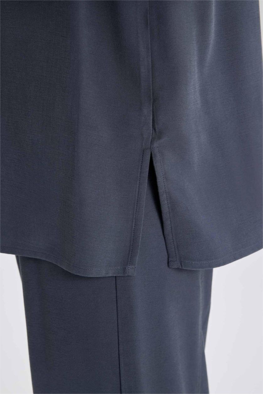 نساء رمادي داكن قميص طويل بوبلين كم طويل وقصة عادية