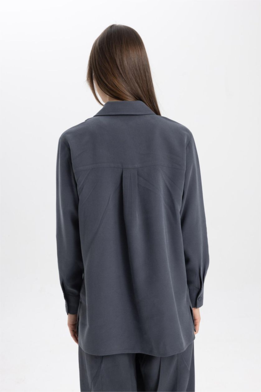 نساء رمادي داكن قميص طويل بوبلين كم طويل وقصة عادية