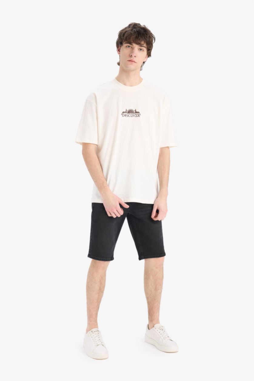Erkek Ekru %100 Pamuk Oversize Geniş Kalıp Bisiklet Yaka Sırt Baskılı Kısa Kollu Tişört