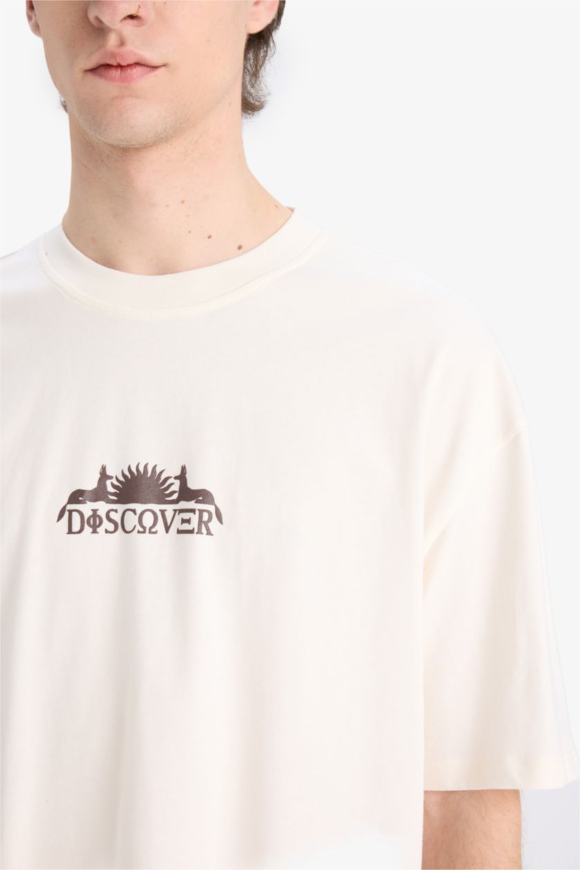 Erkek Ekru %100 Pamuk Oversize Geniş Kalıp Bisiklet Yaka Sırt Baskılı Kısa Kollu Tişört