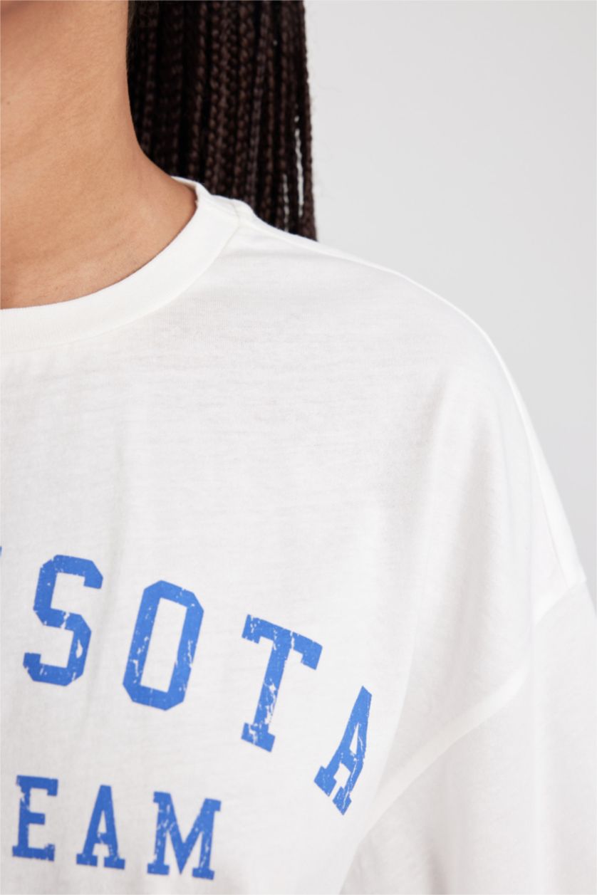 نساء اوف وايت تيشيرت نص ردن اوفر سايز بياخة مستديرة