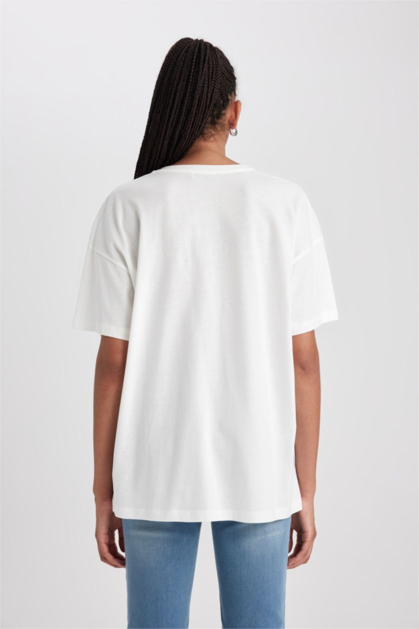 نساء اوف وايت تيشيرت نص ردن اوفر سايز بياخة مستديرة