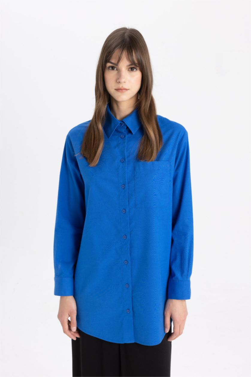 حريمي اللون الملكي تونيك كم طويل قصة مريحة أزرق ملكي