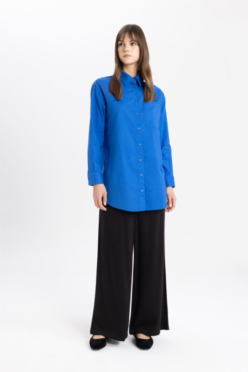 حريمي اللون الملكي تونيك كم طويل قصة مريحة أزرق ملكي