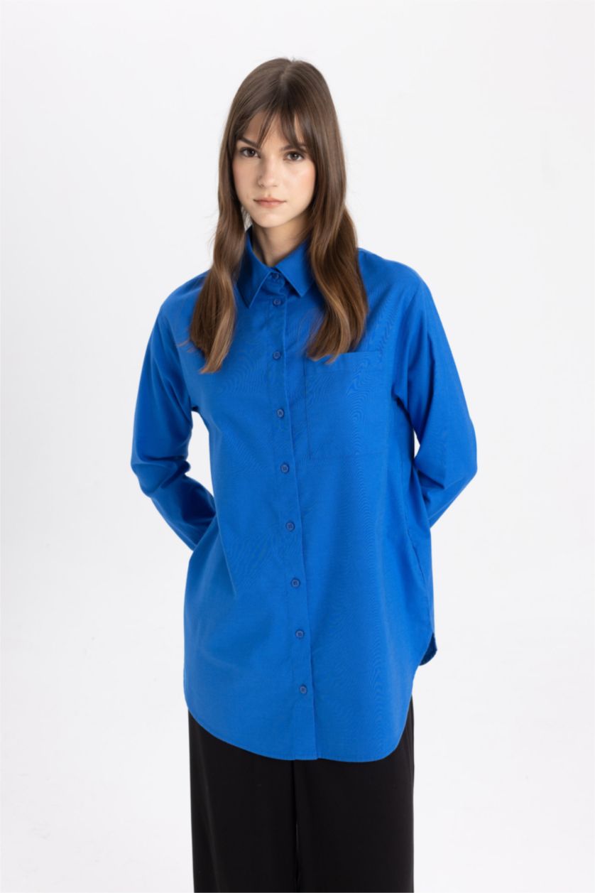 حريمي اللون الملكي تونيك كم طويل قصة مريحة أزرق ملكي