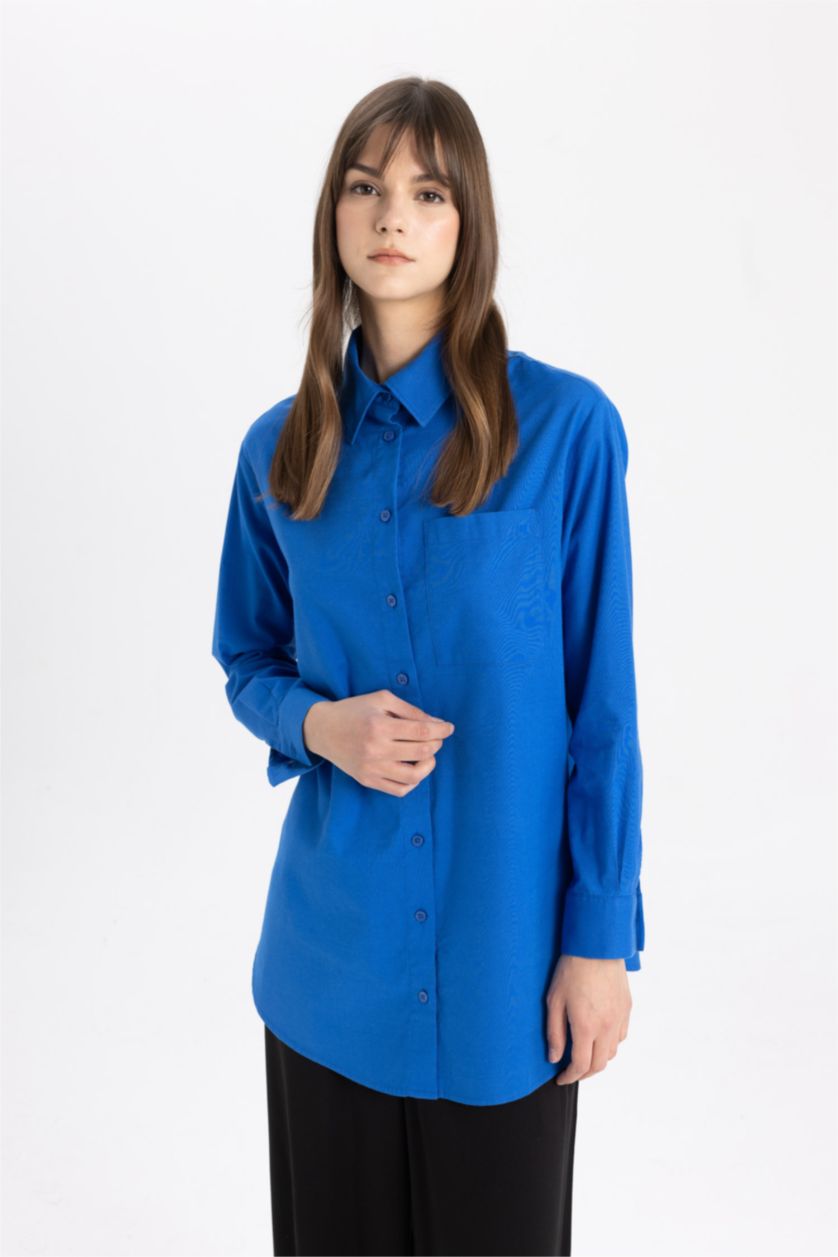 حريمي اللون الملكي تونيك كم طويل قصة مريحة أزرق ملكي