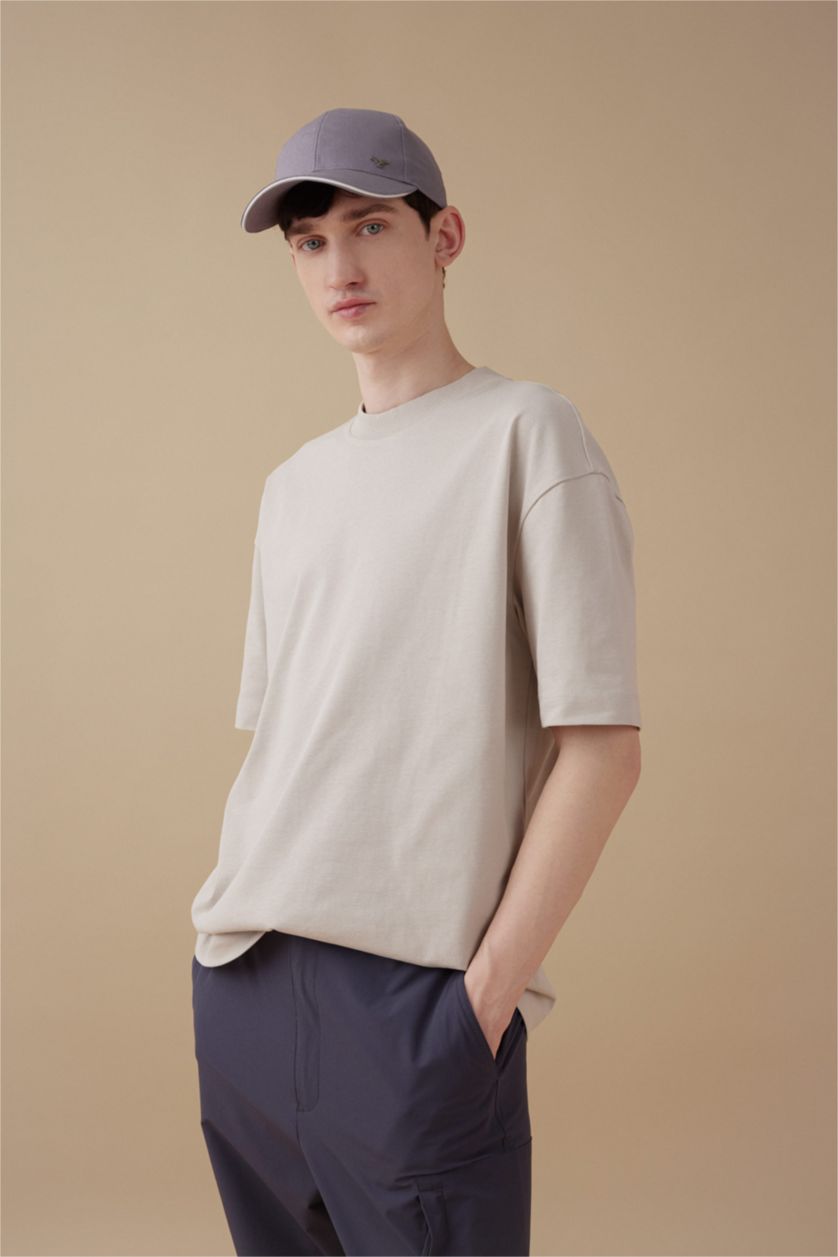 Erkek Kum Oversize Geniş Kalıp Bisiklet Yaka Basic Düz Kısa Kollu Tişört