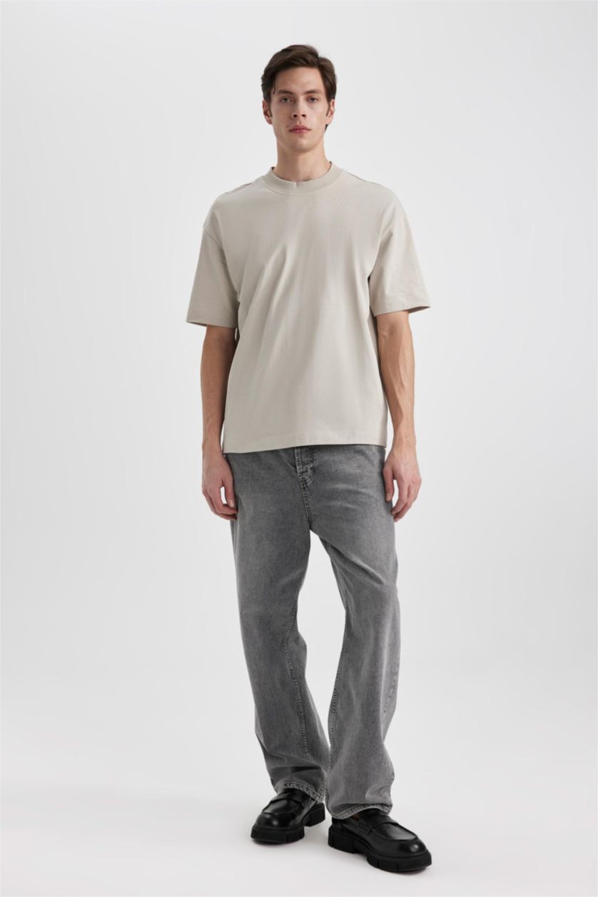 Erkek Kum Oversize Geniş Kalıp Bisiklet Yaka Basic Düz Kısa Kollu Tişört