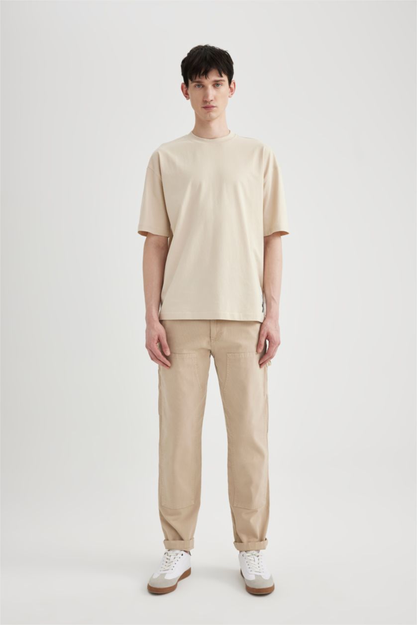 HOMME Beige T-Shirt Oversize Manches Courtes Col Rond Imprimé Dos